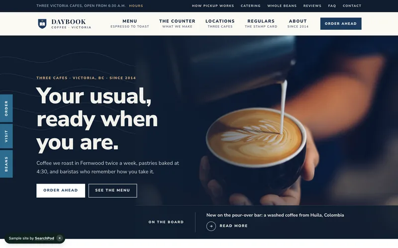 Daybook Coffee — homepage of the live sample site