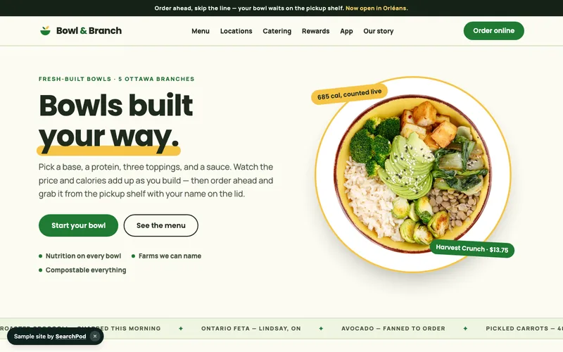 Bowl & Branch — homepage of the live restaurants sample site
