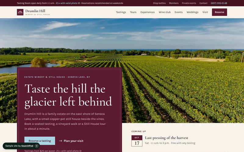 Drumlin Hill Winery & Still House — homepage of the live sample site