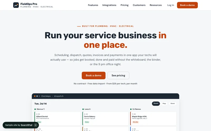 FieldOps Pro — homepage of the live saas sample site