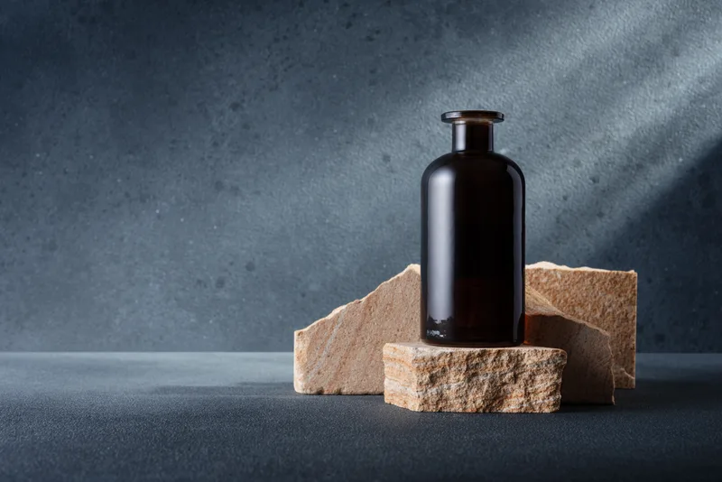 A dark glass bottle of Salt Air Essence standing on a rough stone block in cool blue-grey light