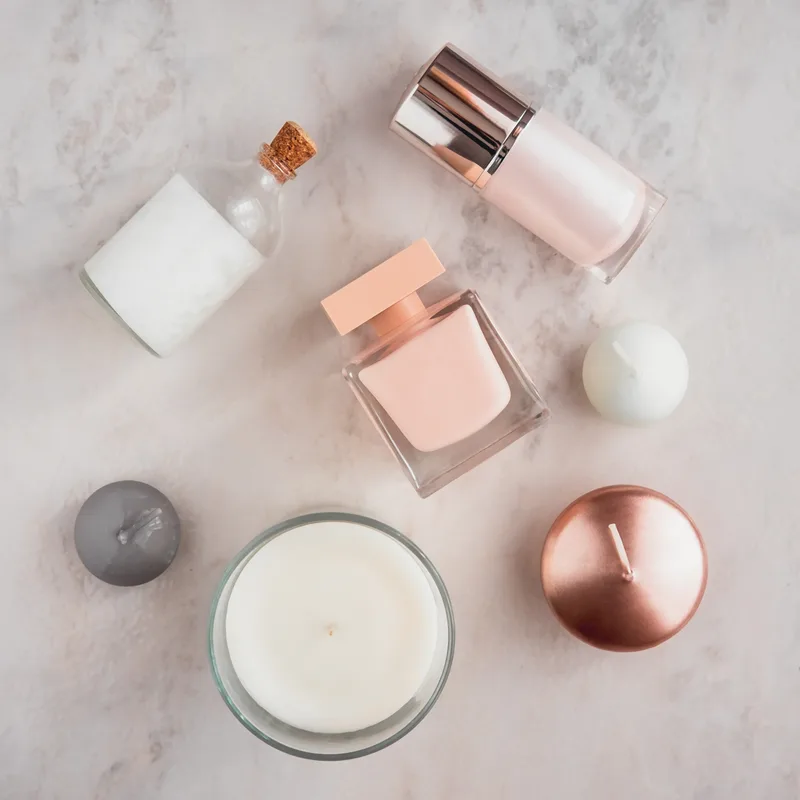 Flat lay of blush and glass cosmetic bottles with white and copper candles arranged on pale marble