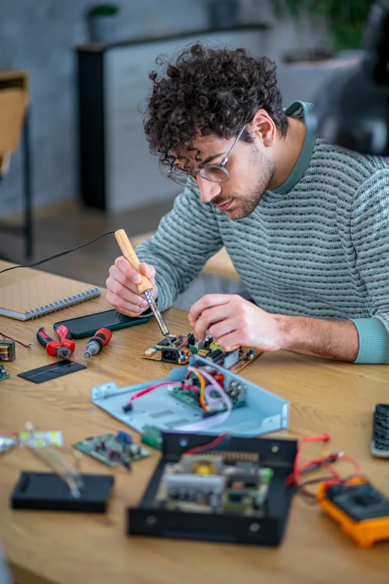 A technician soldering a small circuit board at a workbench covered in tools and a multimeter