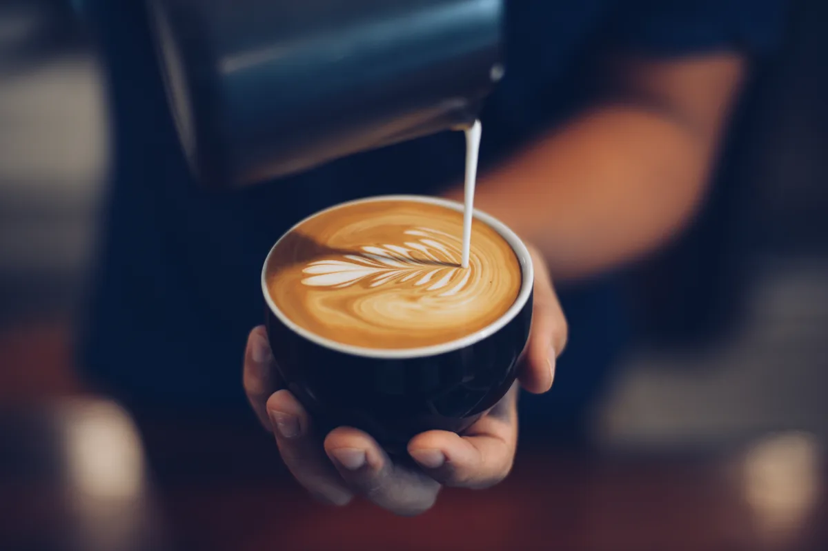 Barista pouring steamed milk into a dark ceramic cup, drawing a fern of latte art