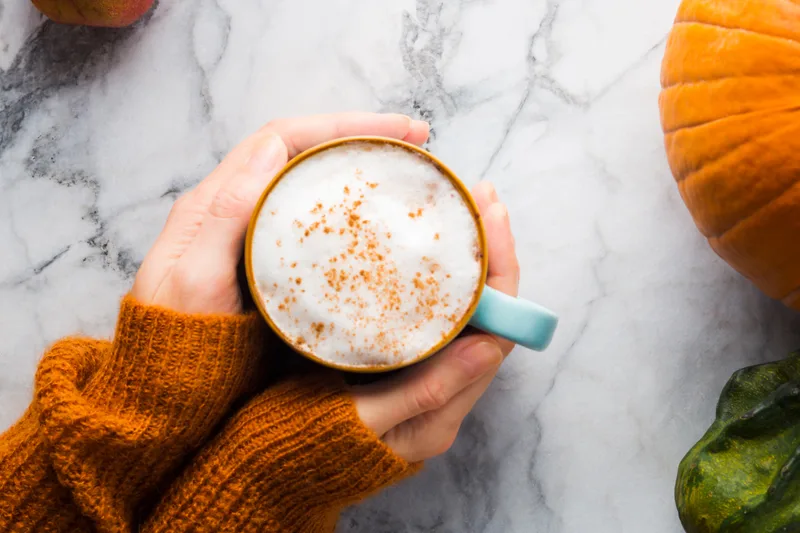 Hands in a warm orange sweater cradling a cinnamon-dusted latte beside a pumpkin