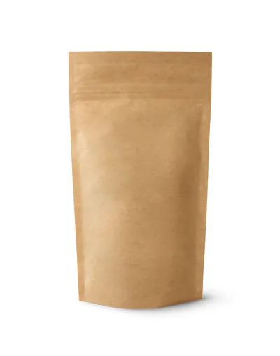 Kraft paper coffee pouch of Ember & Oak First Light beans on a white background