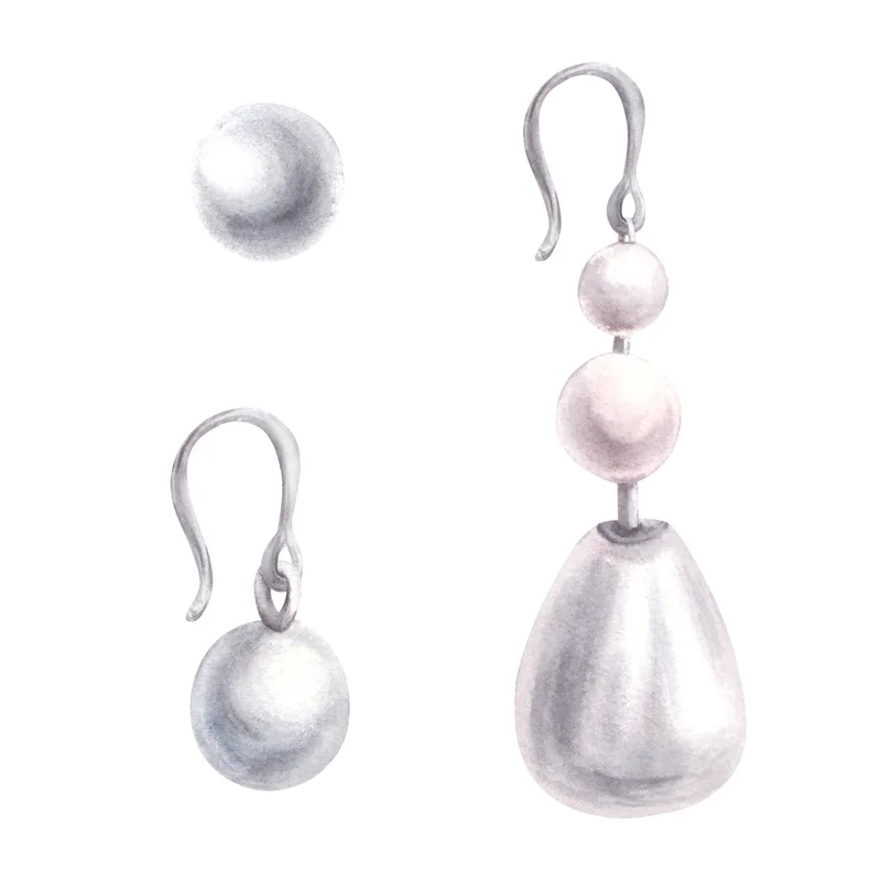 Watercolour studies of the Odessa pearl studs and graduated pearl drops