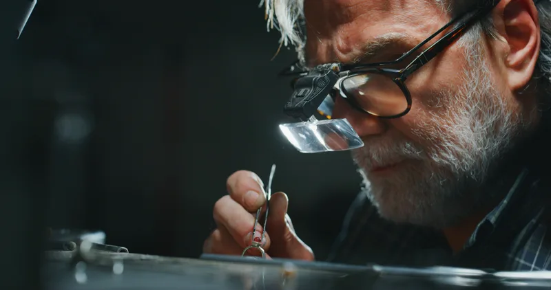 A setter wearing a head loupe leans over the bench, placing a tiny stone into a ring with fine tweezers