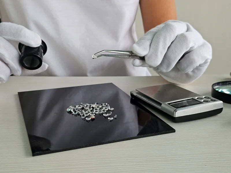 Gloved hands sorting small diamonds with tweezers on a black tray beside a loupe and a jeweler's scale