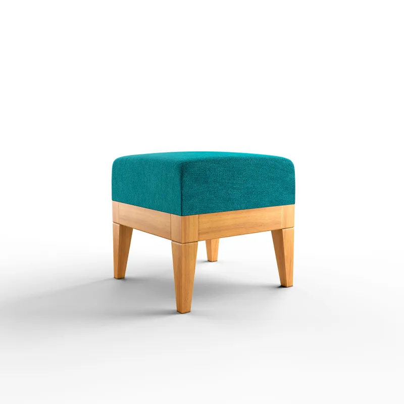Square ottoman upholstered in teal wool on a solid beech frame with tapered legs, photographed on a white background