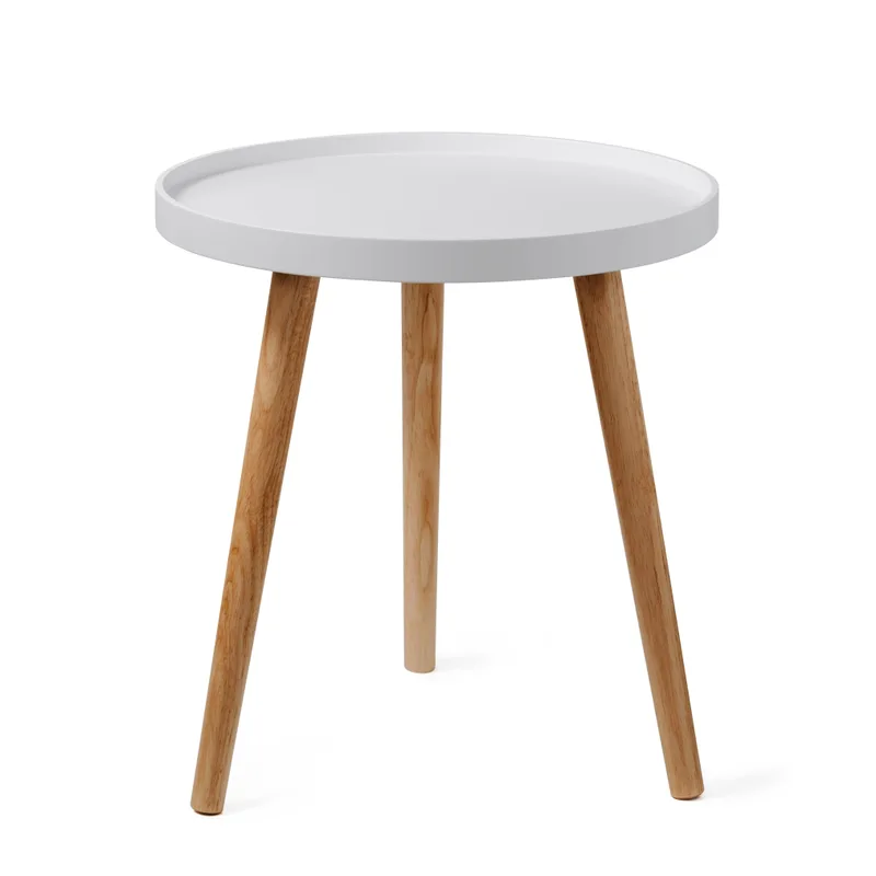 Round side table with a white tray top and three angled beech legs, photographed on a white background