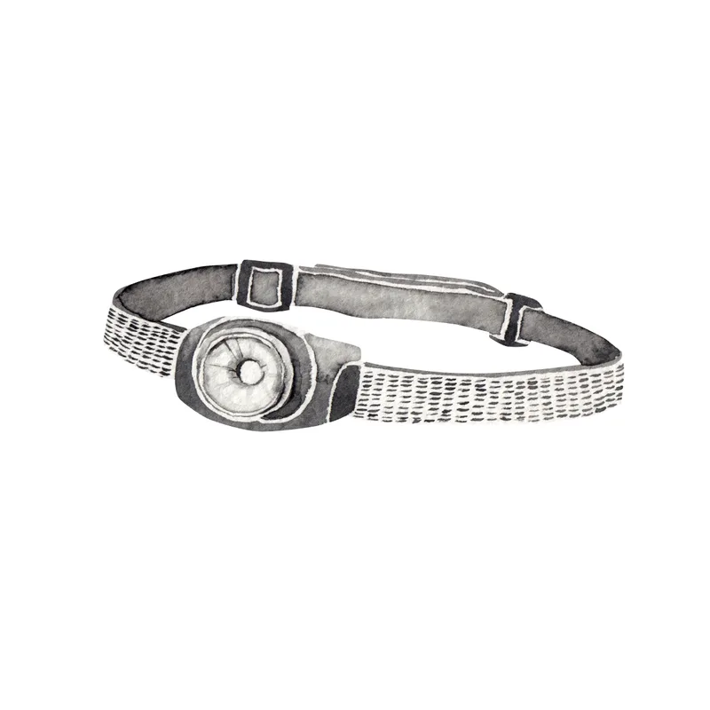 Ink-wash illustration of the Nightfinder headlamp with woven strap and single-lens housing