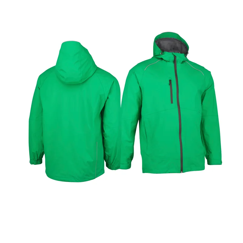 Stormline rain shell in trail green shown from the front and back, hood up, full-length storm zip