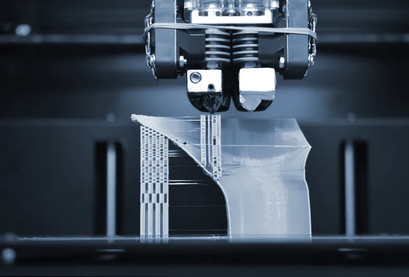 Close-up of a 3D printer nozzle laying down thin layers of white plastic