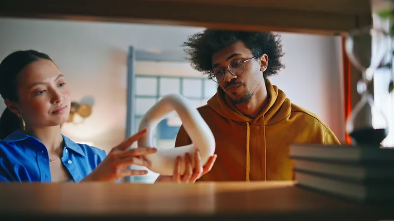 Two people at home looking closely at a white sculptural ceramic piece on a shelf
