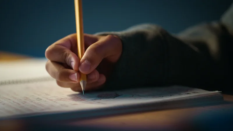 Close-up of a student's hand working through a problem in a notebook with a yellow pencil