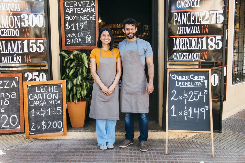 Two smiling deli owners in aprons standing proudly in front of their shop's chalkboard price signs