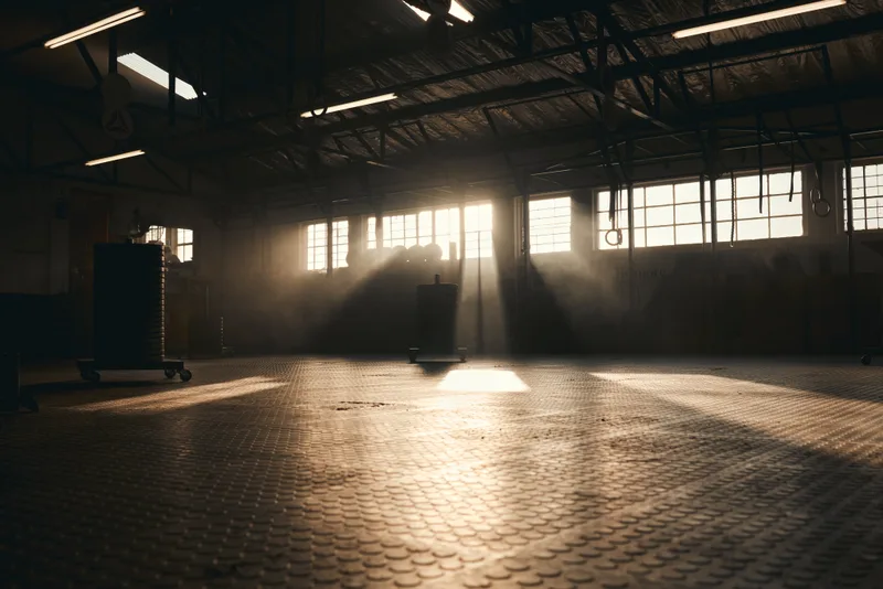 Sunbeams cutting through the windows of an empty industrial gym hall with gymnastics rings and a herringbone rubber floor