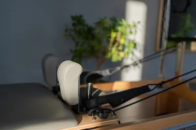 Close-up of a reformer headrest and shoulder rests in warm afternoon light, a potted plant softened in the background