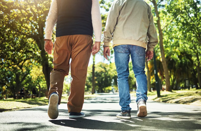 Two men walking side by side along a sunny park path, seen from behind