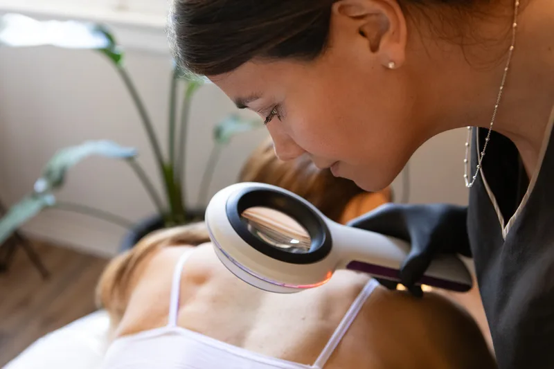 Dermatologist leaning in to examine a patient's upper back with an illuminated dermatoscope