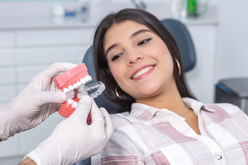 Teen patient in the chair smiling as a clinician holds up a teeth model and a clear retainer