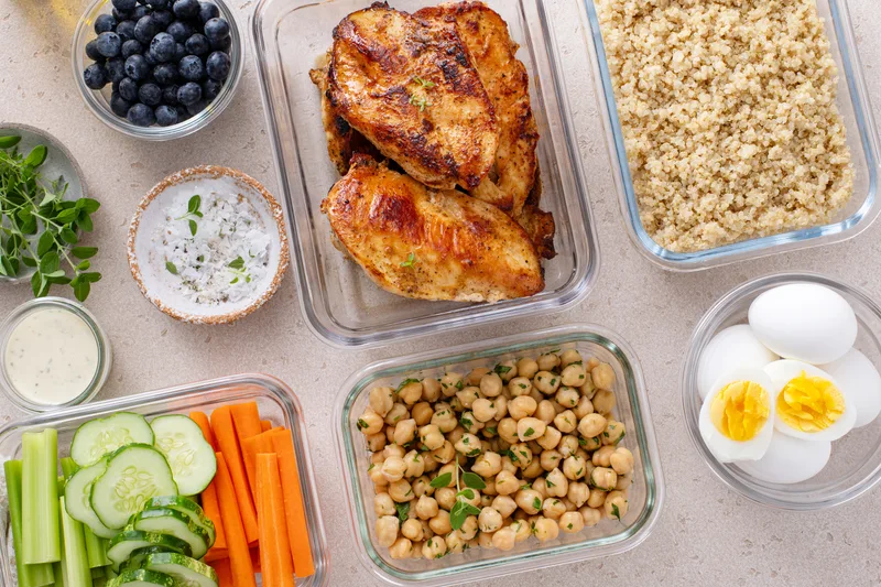 Glass containers of prepared meals with chicken, chickpeas, eggs, grains and vegetables