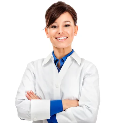 Dr. Elena Marsh in a white coat over a blue shirt, arms crossed and smiling
