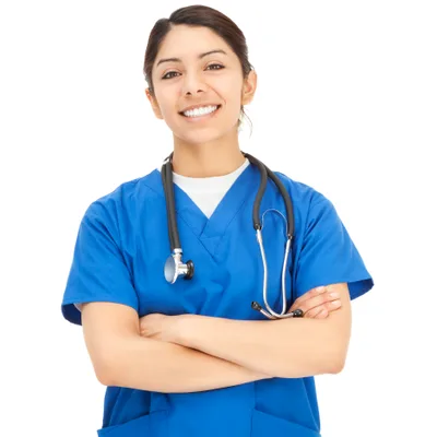 Maya Arroyo, a physician assistant in blue scrubs with a stethoscope, arms crossed and smiling