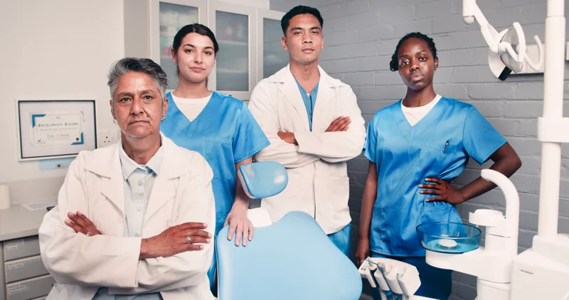 A clinical team of five in white coats and blue scrubs standing together in a treatment room