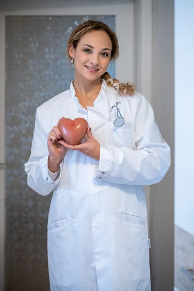 Dr. Ingrid Solheim in a white coat holding a model heart in both hands