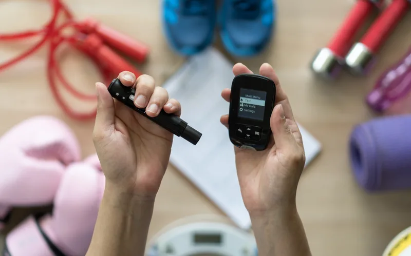Hands holding a lancet and a blood glucose meter for a home sugar check
