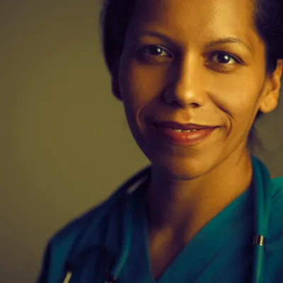 Portrait of Nadia Osei, physiotherapist and clinic director, smiling in teal clinic wear
