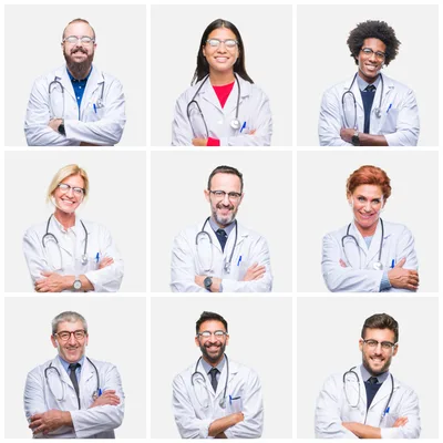 A grid of nine smiling clinicians in white coats and stethoscopes, arms crossed