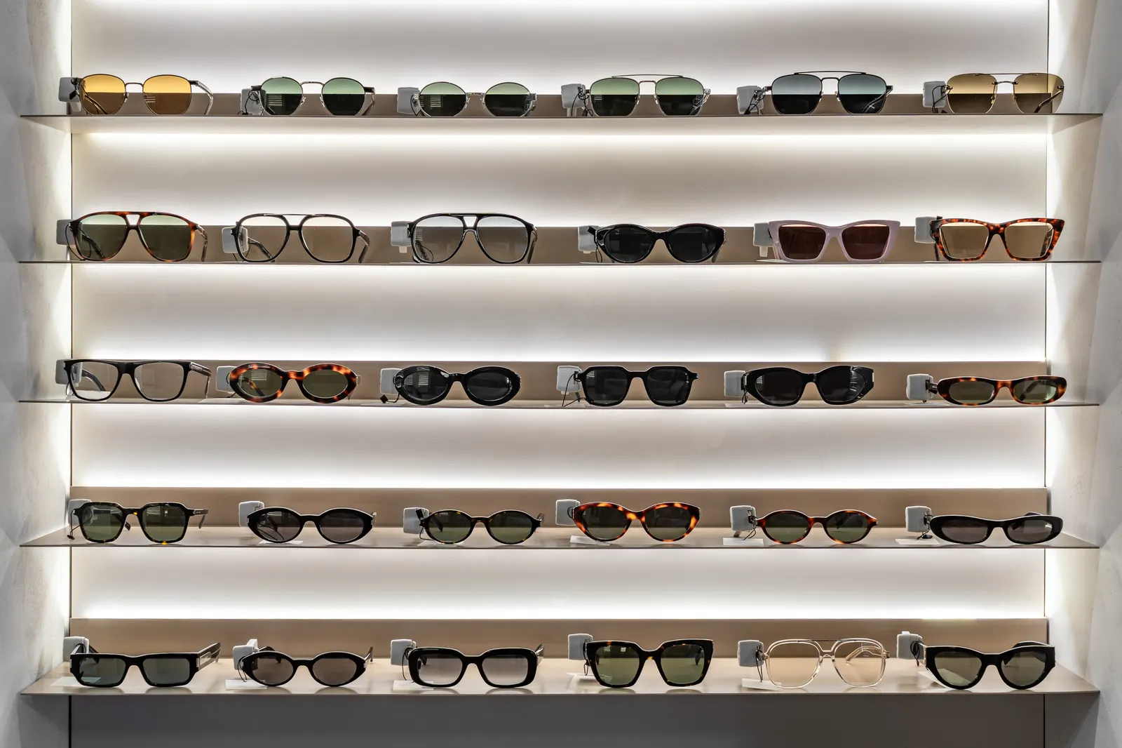 Backlit white shelves in the Sightline dispensary holding rows of acetate and metal frames