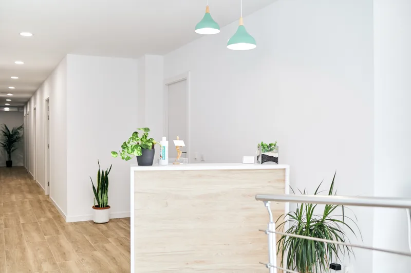 Bright clinic reception with a light-wood front desk, green pendant lights, and potted plants