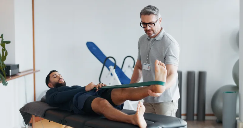 Physiotherapist stretching a patient's raised leg with a green resistance band on a treatment table