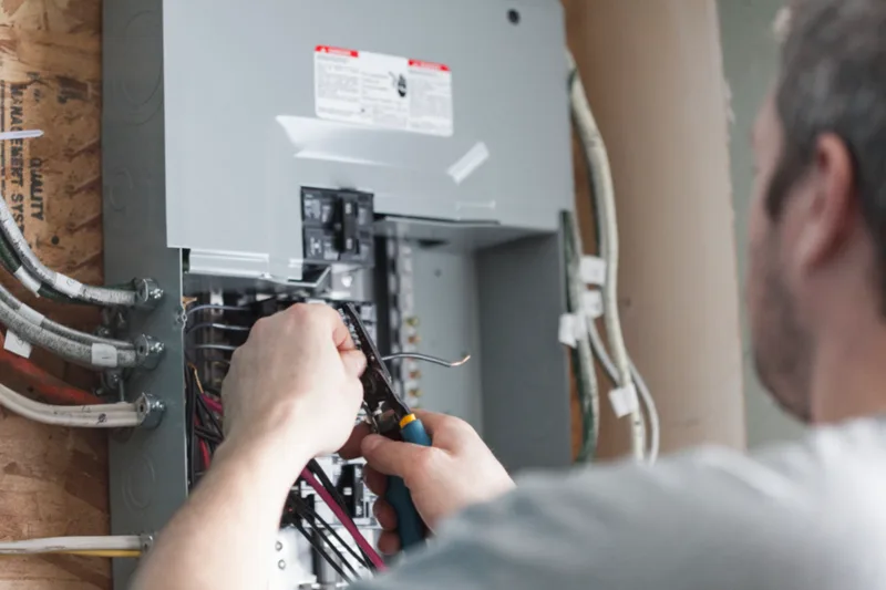 Electrician's hands terminating conductors inside a residential breaker panel during a service upgrade