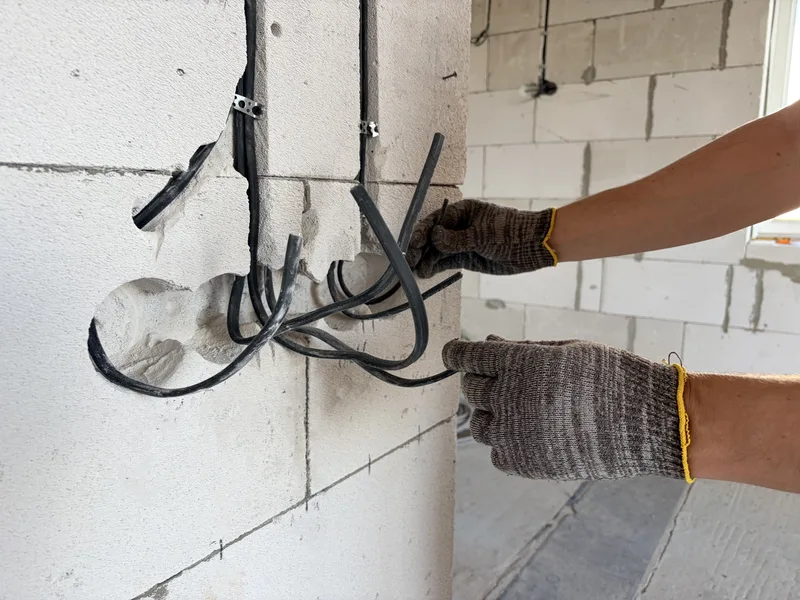 Gloved hands routing electrical cables into channels cut in a masonry wall during a renovation rough-in