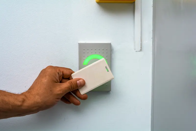 Hand holding a key card up to a wall-mounted access-control reader glowing green at an office door