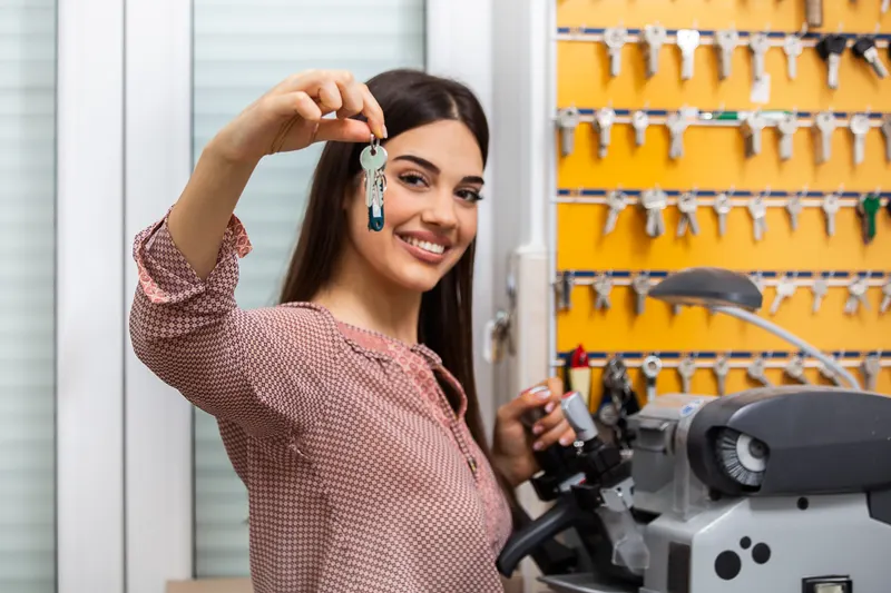 Technician holding up a freshly cut set of keys in front of the shop's key board and cutting machine