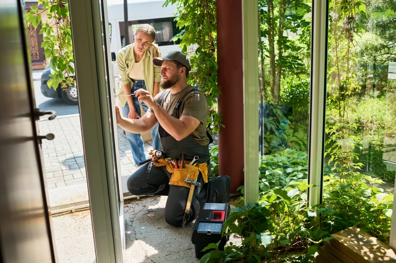 Locksmith kneeling at a homeowner's glass front door, adjusting the lock while she watches from the porch