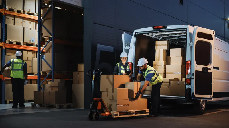 Warehouse crew loading boxed parts from racking into the back of a white service van