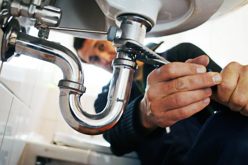 Maintenance technician tightening the chrome trap under a bathroom sink with a wrench