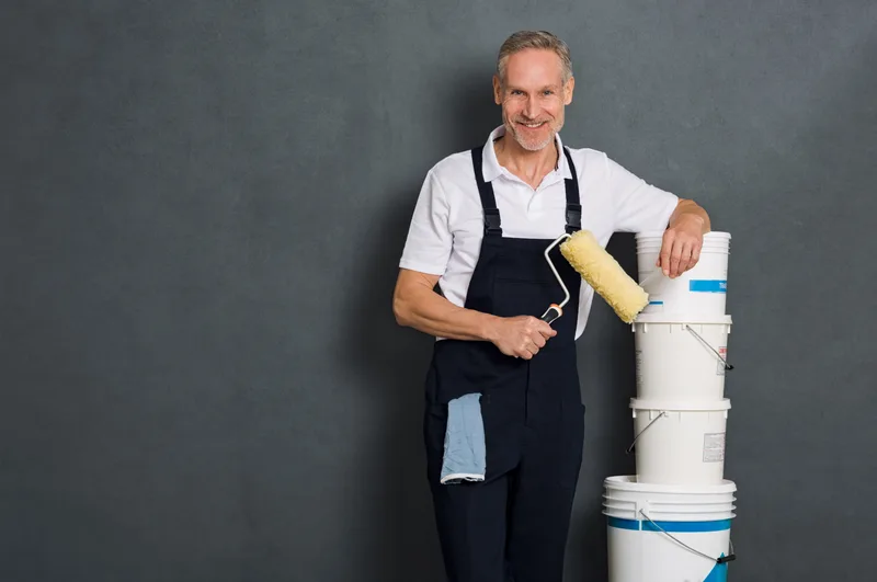 Gus Lindqvist, owner of Cutline Painting, smiling in white shirt and black bib apron with a roller beside a stack of paint buckets