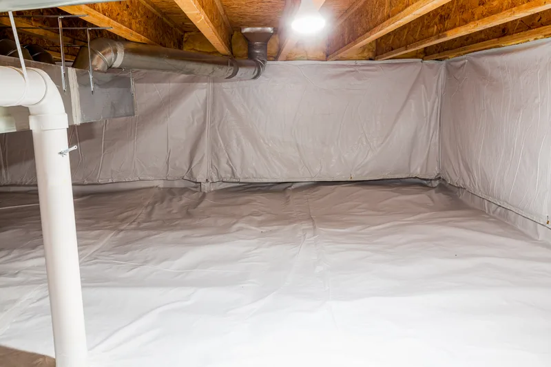 Crawl space sealed with a white vapour barrier on the floor and walls under exposed floor joists