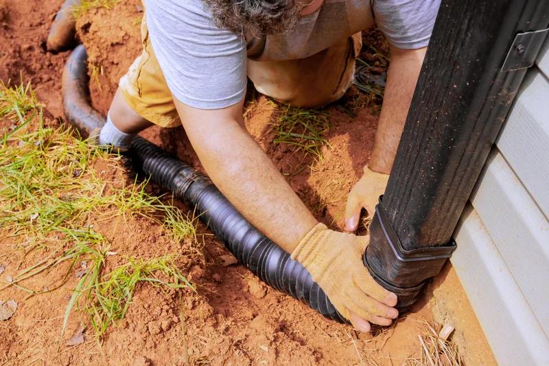 Worker connecting a flexible black drain pipe to the bottom of a house downspout