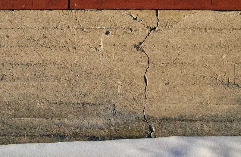 A thin vertical crack running down a concrete foundation wall