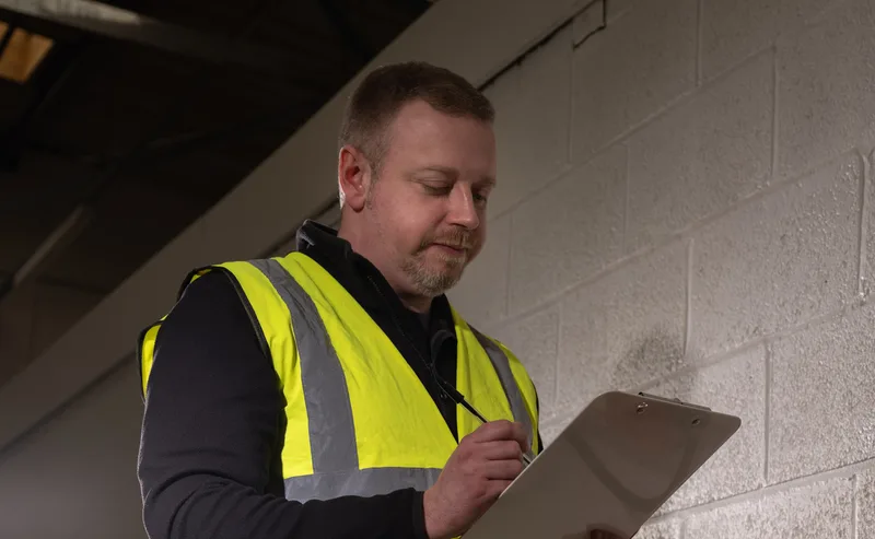 Marc Thibodeau in a high-visibility vest writing up his notes beside a concrete block wall during an inspection