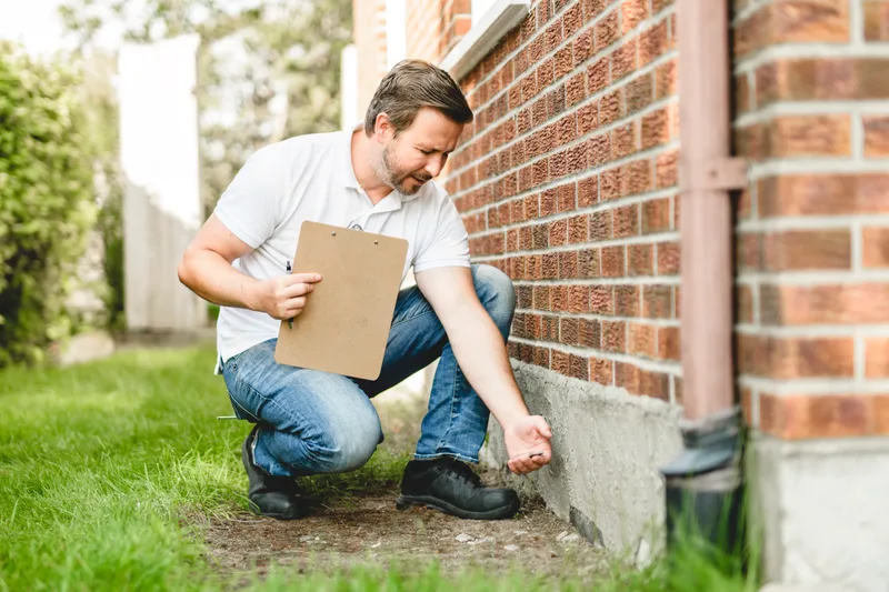 Inspector with a clipboard crouching beside a brick house to look at the foundation where it meets the soil